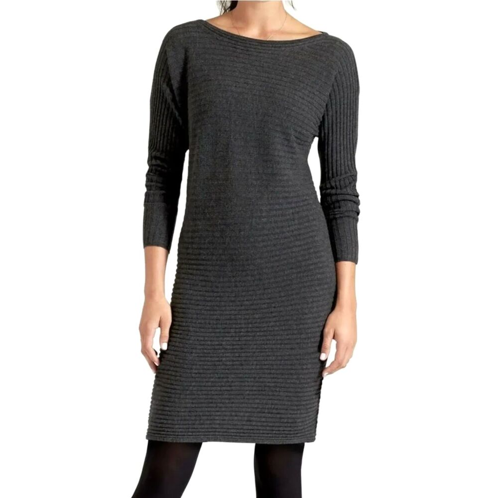 ATHLETA GRAY RIB KNIT EXTRA FINE MERINO WOOL BODYCON MIDI DRESS SIZE SMALL